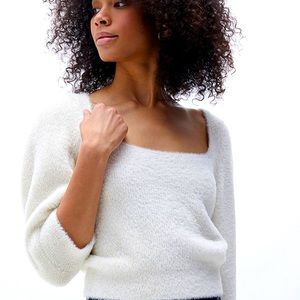 ❤️Free People Moonbeam Plush Cropped Sweater, 3/4 Sleeves, Sz L, Ivory (NWT)